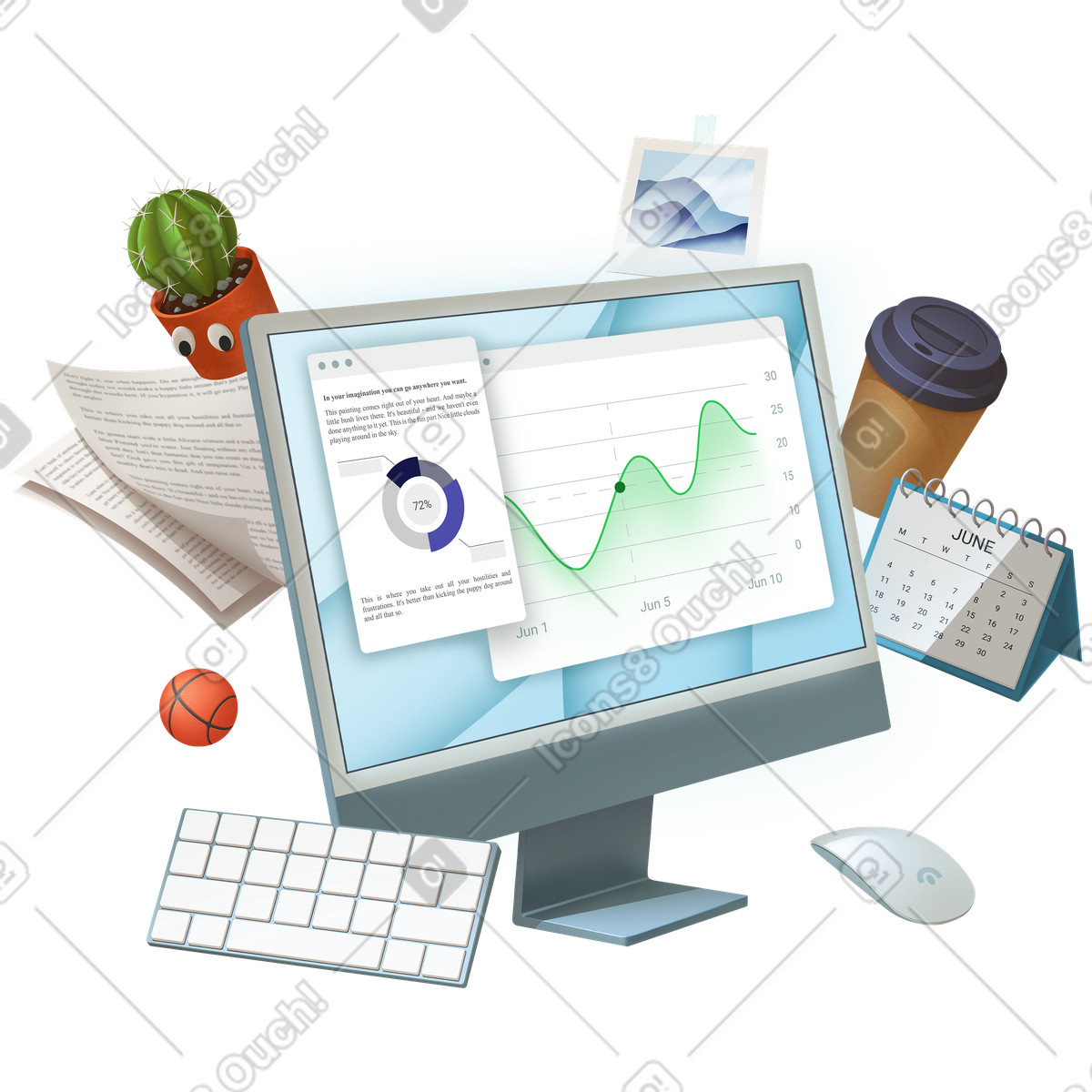 Ilustração de Computer with charts and reports, Business performance overview em no estilo Props para baixar em PNG, SVG