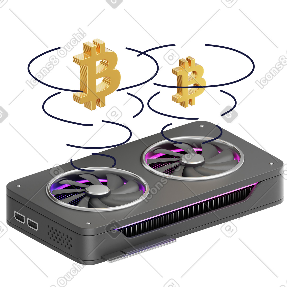 GPU card with floating bitcoin symbols, Cryptocurrency mining hardware illustration in PNG, SVG