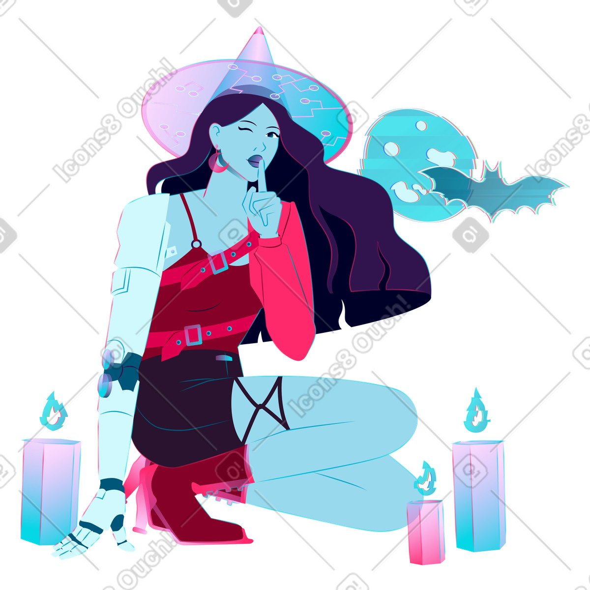 Attributi di cyber strega e halloween illustrazione in stile Neon scarica in PNG, SVG