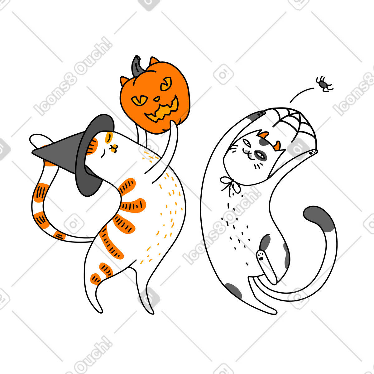 Ilustración Gatos celebrando halloween con jack-o'-lantern en estilo Purr a descargar en PNG y SVG
