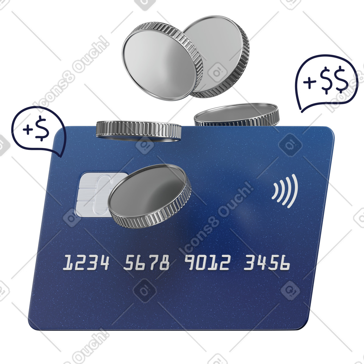 Blue NFC bank card with metal coins, cashback rewards and loyalty program animated illustration in 3D Surfaced style download in GIF, Lottie (JSON), AE