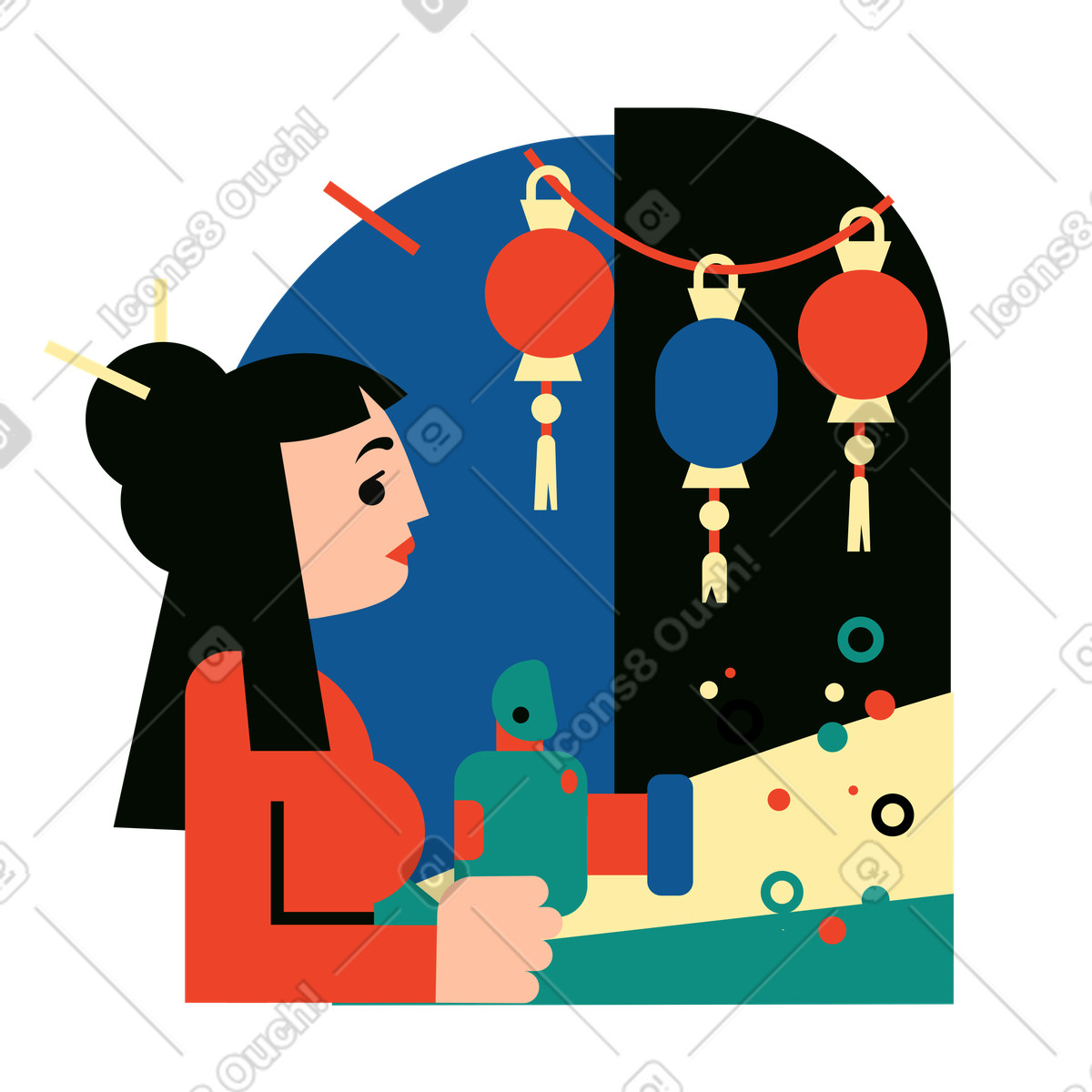 Taking photos of Chinese New Year decorations, Cultural holiday celebration illustration in Polar style download in PNG, SVG