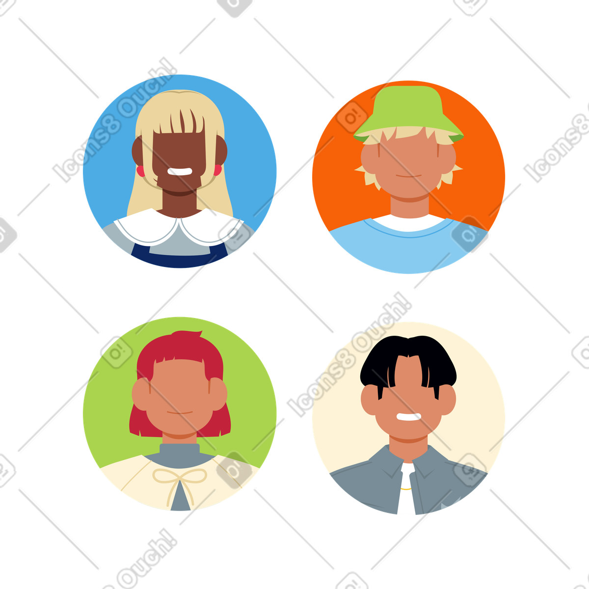 Catchy 스타일의 Diverse people avatars in round frames, Social media profile collection 일러스트레이션 PNG, SVG 다운로드