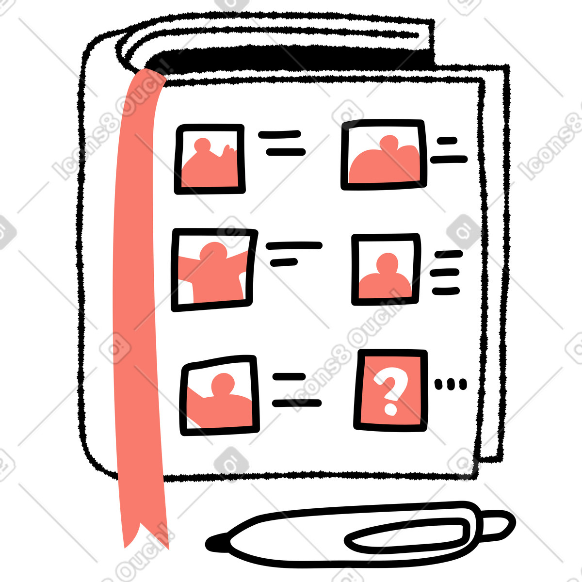 Address book style social feed page with bookmark ribbon illustrazione in stile Bold People scarica in PNG, SVG