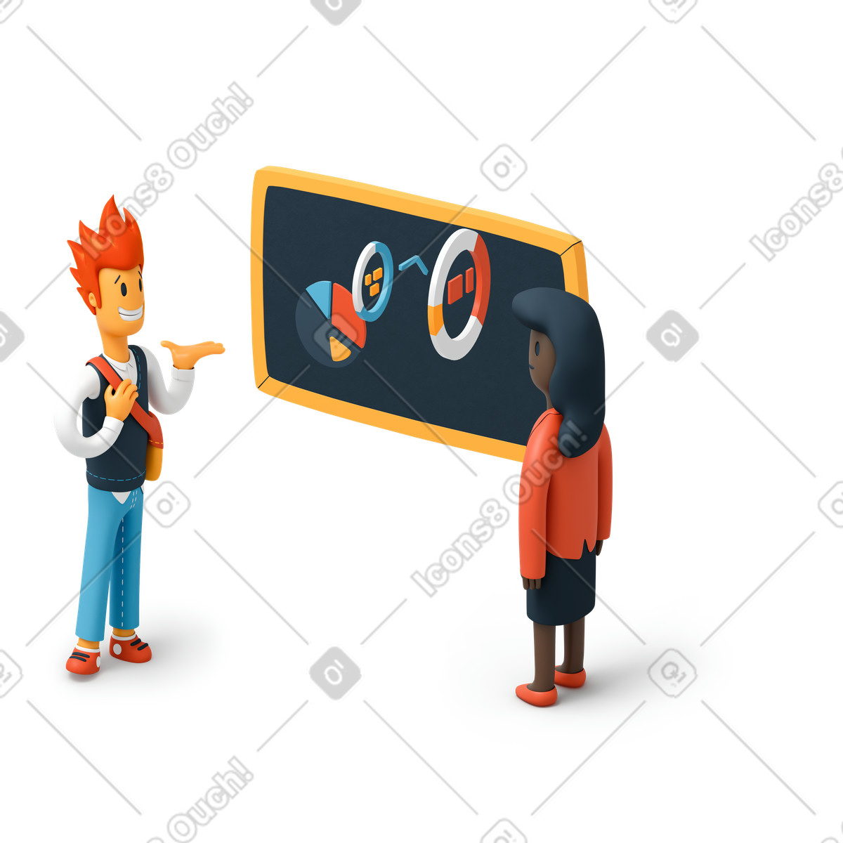 Studente che presenta le statistiche del progetto all'insegnante illustrazione in stile 3D Flame scarica in PNG, SVG