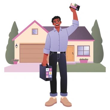 A digital flat illustration of an enthusiastic door-to-door salesperson standing in front of a house. The salesperson has medium skin, short curly hair, and is wearing a light blue shirt with rolled-up sleeves, dark jeans, and comfortable shoes. They are smiling widely and holding a black sample case in their right hand, slightly open to reveal colorful product samples inside. The house has a welcoming appearance with a well-maintained front lawn, a few flower pots, and a brightly colored front door. There are tall trees in the background, creating a vibrant neighborhood scene.