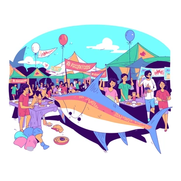 A vibrant scene of a sailfish-themed festival is filled with people celebrating. In the foreground, a group of cheerful individuals wearing colorful clothing is gathered around a large sailfish decoration, which is brightly painted with intricate designs. Some people are holding banners and flags adorned with images of sailfish. The background features decorative tents with teal and orange fabric, and tables filled with festive food and drinks. Balloons in various shapes, including sailfish and ocean motifs, float above the crowd, adding to the lively atmosphere. People are laughing, dancing, and enjoying the festivities under a clear blue sky.