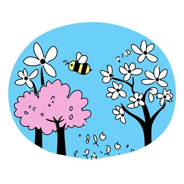 A bee, with bright yellow and black stripes, is flying through an orchard filled with blossoming trees. The trees are covered in white and pink flowers, with petals gently falling to the ground. The background features a clear blue sky, showcasing the vibrant colors of spring. The bee is positioned near a cluster of flowers, collecting nectar as it hovers in mid-air.