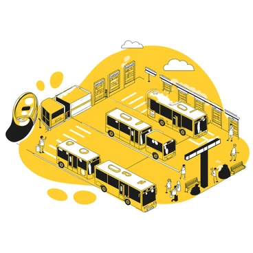 A bus terminal filled with activity, featuring multiple electric buses of varying sizes arriving and departing. People are seen waiting at the bus stops, some checking their phones, while others are carrying bags and luggage. There are informational displays showing bus schedules and routes. The ground is marked with designated lanes for buses and pedestrian walkways. Nearby, benches provide seating for passengers. The sky is bright with a few clouds.