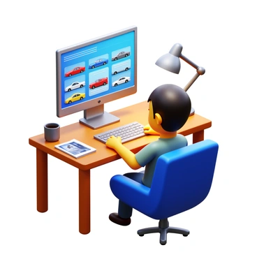 A person sitting in a comfortable chair at a desk, focusing intently on a computer screen. The screen displays a vibrant online marketplace filled with various car models. The person has short dark hair and is wearing casual clothing. There are several car images and descriptions visible on the screen. Soft light from a desk lamp casts a warm glow, and a few car magazines are scattered on the desk. A coffee cup sits nearby, adding to the cozy atmosphere.
