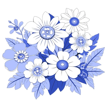 A garden is filled with various flowers that feature cog mechanisms in their centers instead of traditional pistils. Each flower has petals shaped in different styles, some resembling daisies while others mirror roses. The cog mechanisms are intricately designed with gears of various sizes interlocking seamlessly. Surrounding the flowers, there is lush greenery with detailed leaves. The arrangement of the flowers creates a visually appealing pattern, enhancing the mechanical theme of this unique garden.