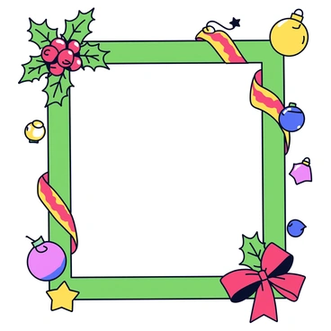 A rectangular festive frame with a vibrant green color. The frame is adorned with clusters of holly leaves and bright red berries at the corners. Colorful ribbons in red and gold are tied around the frame, creating elegant bows on the sides. Shiny ornaments in various shapes, such as stars and spheres, are interspersed throughout the design, adding a cheerful touch to the overall appearance.
