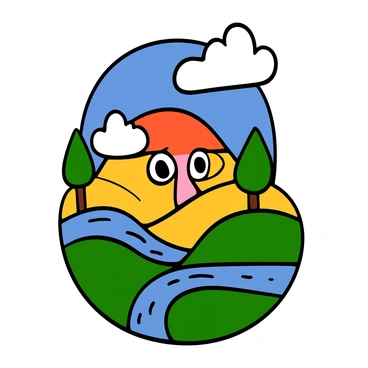 A surreal face with exaggerated features, including large eyes and an elongated nose. The landscape scene is integrated into the contours of the face, with rolling hills forming the cheekbones and a bright blue sky acting as the forehead. Vibrant green trees are shaped as hair, and small rivers flow along the jawline, reflecting light. Soft, fluffy clouds are positioned around the eyes, enhancing the dreamlike quality of the scene. The colors are vivid and harmonious, creating an otherworldly yet captivating composition.