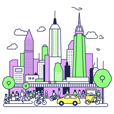 A bustling cityscape filled with towering skyscrapers reaches towards the sky. The buildings have varied architectural designs, showcasing glass facades and metal structures. The streets below are crowded with people walking in different directions. Yellow taxis can be seen navigating through the traffic, while bicycles share the road with cars. Street vendors are positioned along the sidewalks, next to colorful carts offering food items. Above, clouds are scattered across the sky, and a few birds can be seen flying between the buildings.