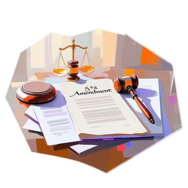 A collection of important legal documents laid out on a polished wooden table. Among the documents, a piece of parchment prominently displays the "5th Amendment" in elegant calligraphy. The surrounding papers include official legal certificates, contracts, and a gavel resting nearby. Natural light filters in, casting gentle shadows across the table, adding depth to the composition.