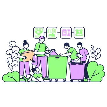 A community recycling station is filled with activity. In the foreground, several people are sorting materials into designated bins. One person is holding a cardboard box and placing it into a larger green container. Next to them, a child is carefully dropping plastic bottles into a purple bin. An adult is checking labels on a metal can, ensuring it goes into the correct slot. In the background, there are various signs indicating the types of materials being sorted, with clear illustrations for paper, plastics, and metals. Several trees and shrubs surround the station, adding a touch of nature to the setting.