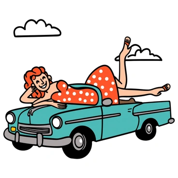 A vintage pinup girl with tanned skin and wavy red hair is lounging on the hood of a shiny, classic car. She is wearing a fitted dress covered in white polka dots, which accentuates her figure. The dress has a sweetheart neckline and a flared skirt that billows slightly in the breeze. She is resting on her elbow, one leg draped over the side of the car, and has a playful smile on her face. The vintage car is a bright turquoise color with chrome details and rounded edges. The background features a sunny sky with a few fluffy clouds, adding to the cheerful atmosphere.