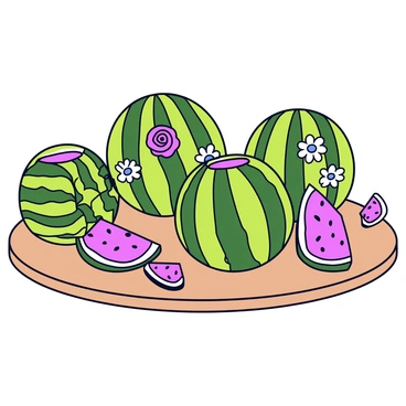 Several intricately carved watermelons displayed on a wooden table. Each watermelon features beautifully detailed floral designs, showcasing different types of flowers including roses and daisies. The carvings highlight the vibrant green rind and the juicy red flesh peeking through. The scene is well-lit, emphasizing the textures and details of the carvings, and some watermelon pieces are arranged artistically around the whole watermelons.