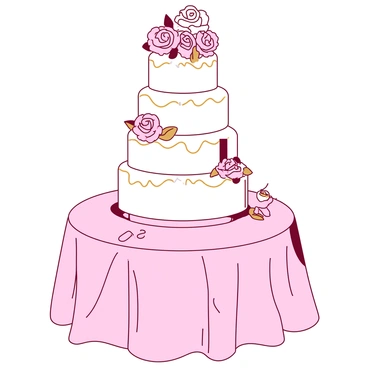 A white multi-tiered wedding cake stands majestically on a round table. Each tier features intricate designs with soft, delicate flowers in various shades of pink and white. The flowers are carefully placed around the cake, adding elegance to its appearance. Gold accents are incorporated in the form of delicate piping along the edges of the tiers and small gold leaves tucked among the floral decorations. The table is adorned with a light pink tablecloth that complements the cake beautifully.