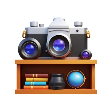 A vintage camera featuring a sleek design and an shiny chrome finish sits prominently on a retro wooden shelf. The camera has interchangeable lenses, including a standard lens and a wide-angle lens, both resting beside it. The shelf is filled with various retro items such as old books and a small globe, enhancing the nostalgic atmosphere. The camera's intricate details, like the dials and the viewfinder, are clearly visible, showcasing its craftsmanship.