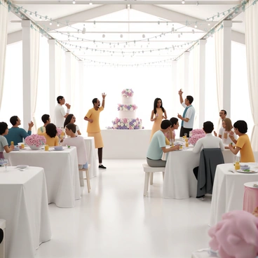 A spacious wedding reception hall, adorned with elegant white drapes and twinkling fairy lights overhead. Tables are covered with white tablecloths, each one beautifully decorated with vibrant flower arrangements in various shades of pink, white, and lavender. Guests, dressed in formal attire, are seated around the tables, enjoying their meals and engaging in cheerful conversations. Some guests are standing, raising glasses in a toast, while others are laughing and sharing stories. A large cake, elegantly designed with floral accents, sits on a decorated table in the background, completing the festive atmosphere.
