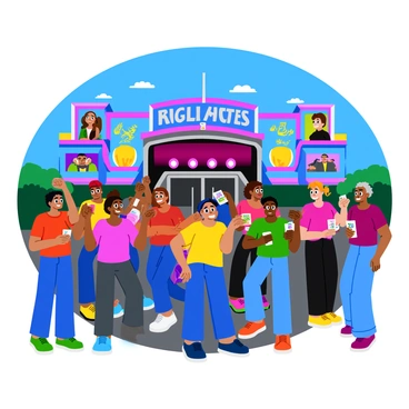 A diverse group of fans lined up outside a concert venue, each holding colorful tickets in their hands. The fans are wearing a variety of band merchandise, including t-shirts and caps. Some fans have brightly colored hair and face paint, showcasing their excitement. The concert venue features large posters of the performing artists and is adorned with vibrant lights. The atmosphere is lively, with some fans chatting animatedly while others are taking selfies in front of the venue. The sky above is clear and blue, adding to the festive mood.