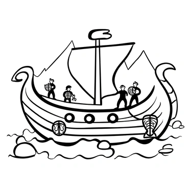 A Viking ship with a dragon-shaped prow sailing through icy waters. The ship is adorned with shields on either side, depicting intricate designs. Several warriors are standing on the deck, wearing traditional Viking armor and holding weapons such as axes and shields. There are icebergs floating nearby, and the water has visible waves and ripples created by the ship's movement. A backdrop of jagged mountain peaks is visible in the distance, adding to the rugged atmosphere. "Viking ship in icy waters" is displayed prominently above the scene.