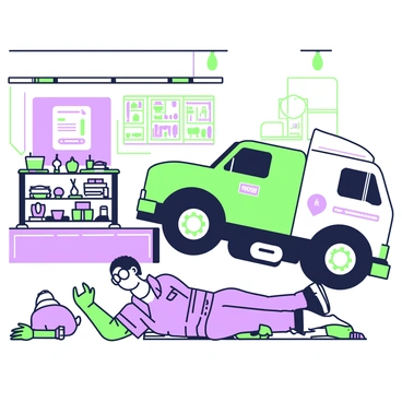 A mechanic is lying on a mechanic's creeper, inspecting the undercarriage of a large transport truck. The truck is elevated on a hydraulic lift, revealing its intricate components. The mechanic is wearing a blue jumpsuit with a name patch, protective gloves, and safety glasses. Wrenches and tools are scattered nearby on the floor. In the background, there are shelves filled with spare parts and a large workbench with various tools organized neatly. The garage is well-lit with overhead lights, and a large poster of a vehicle repair guide is visible on the wall.
