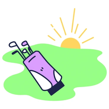 A lone golf bag is positioned on a golf course. The bag is resting on a patch of green grass. The setting sun is casting a warm glow, creating elongated shadows that stretch across the grass. The outlines of the golf clubs within the bag are visible, with some clubs slightly protruding. In the background, there are gentle undulations of the golf course, and the fading light enhances the contrast between the bag and the green grass beneath it.