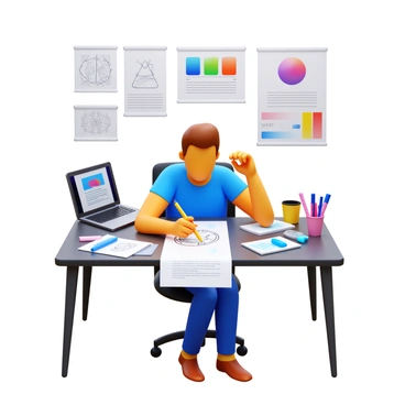 A designer sitting at a modern desk, focused intently on sketching a new logo concept. The designer is using a pencil to draw on a large notepad, with various sketches and drafts scattered around. The workspace is well-organized, featuring design tools like markers and color swatches. On the desk, there is a laptop displaying different design ideas and a cup filled with pens. Behind the designer, there are mood boards with color palettes and inspirational images related to illustration. The atmosphere is creative and dynamic, reflecting the essence of an illustration agency.
