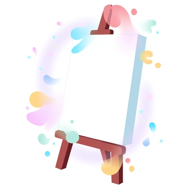 A blank canvas is set upright on an easel. Brightly colored paint droplets in various shades, including vibrant red, blue, yellow, and green, are splattering across the surface of the canvas. The droplets are captured in mid-air, creating a dynamic sense of movement. Some droplets have formed larger splashes, while others are smaller beads of paint, showcasing different sizes and shapes. The background is a subtle gradient of pastel colors, enhancing the vividness of the paint droplets.