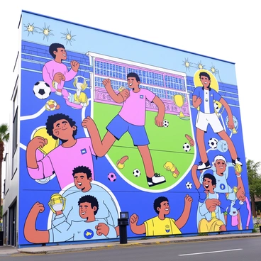 A large mural on the side of a building features "Cristiano Ronaldo" in various action poses representing different moments from his career. The mural includes an intense image of him scoring a goal, with dynamic lines suggesting movement. Additionally, there are scenes showing him celebrating with teammates and lifting trophies. The background includes stylized elements, such as soccer balls and stadium lights, to enhance the overall theme of soccer achievements. The mural is vibrant, filled with colors that highlight Ronaldo’s jersey and the excitement of the game.