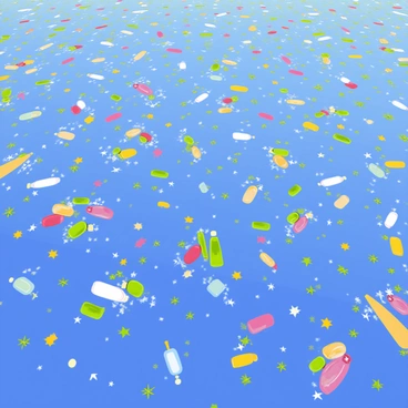 An aerial view of the Great Pacific Garbage Patch showing a vast expanse of ocean with swirling patches of colorful plastic debris. Various types of plastic waste, including bottles, bags, and fragments, are scattered throughout the water. The ocean is depicted in shades of blue, contrasting with the bright colors of the plastic. Some debris is clustered together while other pieces are spread out, creating a chaotic but organized pattern across the surface of the water. The sunlight reflects off the plastic, giving it a shimmering effect.