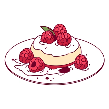 A duotone illustration features a vibrant arrangement of red raspberries artfully placed atop a smooth white cream. The cream is elegantly swirled on a white plate, creating a textured appearance. A delicate dusting of powdered sugar is scattered across the plate, enhancing the visual appeal of the dessert. The background is minimal to draw focus to the dessert, highlighting the rich colors and textures.