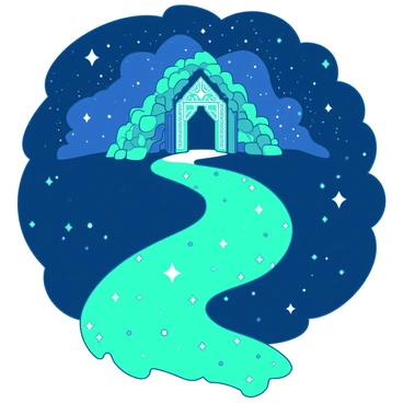 A winding path of teal twinkling stars stretches across the scene, creating a mesmerizing trail that leads toward a grand celestial gate. The gate is adorned with intricate designs, glowing in brilliant white light. Surrounding the path, a deep blue expanse of space is filled with more distant stars, enhancing the ethereal atmosphere. The stars on the path shimmer brightly, illuminating the way as they spiral gently towards the celestial structure.