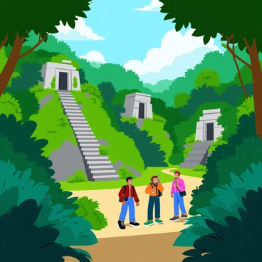A group of adventurers exploring a dense, lush jungle filled with vibrant green foliage and towering trees. They are surrounded by the sounds of exotic wildlife. In the center of the scene, large ancient Mayan structures, partially covered in vines and moss, emerge from the underbrush. The structures feature intricate stone carvings and steps leading up to a temple-like building. Sunlight filters through the tree canopy, casting dappled shadows on the ground, illuminating the explorers as they marvel at the hidden ruins. The adventurers are dressed in rugged outdoor gear and have expressions of awe and discovery on their faces.