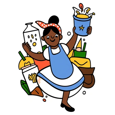 The iconic "Amul girl" mascot with a light brown skin tone and big eyes is joyfully holding a bright blue tub of butter. She has short black hair covered by a red and white polka dot headband. The mascot is wearing a white dress with blue trim and a matching blue apron. She is smiling widely, showcasing her cheerful personality, while standing in a lively pose with her arms raised, emphasizing the tub of butter she is holding. The background includes a colorful array of dairy products and farm elements, highlighting the theme of freshness and dairy goodness.