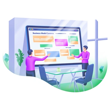 A large interactive digital screen displays a "Business Model Canvas" divided into several sections, each filled with colorful icons and text. The screen is mounted on a sleek wall in a modern office environment. Surrounding the screen are minimalist furniture pieces, including a glass table and ergonomic chairs. Natural light streams in through large windows, highlighting the vibrant colors of the canvas. A few people are engaged in discussion nearby, pointing at different sections of the canvas.