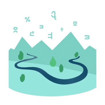 A winding path traversing a landscape filled with floating digital numbers and symbols.