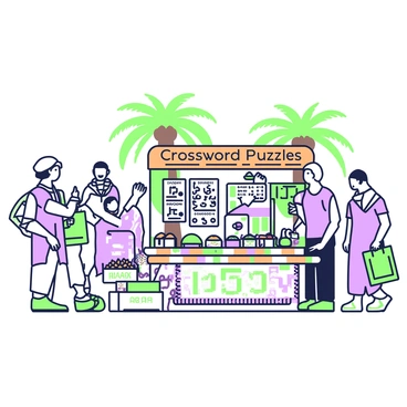 A bustling Egyptian marketplace filled with a variety of stalls and vibrant activity. In the foreground, there is a crossword puzzle stall with a large wooden sign that reads "Crossword Puzzles" in bold letters. The stall is covered with colorful sheets of paper featuring completed puzzles and word clues. To the left, a vendor is engaged with a customer, pointing at a sheet while surrounded by vibrant fabrics and spices on nearby tables. In the background, several people are walking, carrying woven baskets and bags filled with goods. Palm trees can be seen swaying gently in the warm breeze, completing the lively scene.