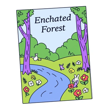 A book cover design that features an enchanted forest scene. The forest is dense with tall, thin trees that have twisted trunks and vibrant green leaves. Colorful flowers, including red, yellow, and purple blooms, are scattered throughout the forest floor. In the background, a gentle stream flows, reflecting the colors of the surroundings. A few small creatures, such as rabbits and birds, can be seen peeking out from behind the trees. The title of the book is displayed prominently at the top in an elegant font.