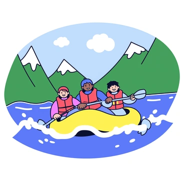 A group of four friends is navigating a roaring river in a yellow inflatable raft. Each friend is wearing a bright life jacket in colors like red and blue. The river is turbulent with white frothy waves splashing around them. In the background, tall green mountains rise sharply, their peaks adorned with patches of snow. The sky above is a clear blue, and there are a few fluffy white clouds scattered throughout. The friends are laughing and smiling as they paddle together, creating a lively atmosphere.