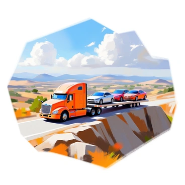 A car transporter truck is positioned at the summit of a steep hill, with its trailer holding several cars securely. The truck is painted in a bright color to stand out against the landscape. The panoramic view reveals an expansive scene of rolling hills and valleys extending into the distance, dotted with trees and patches of farmland. A clear blue sky stretches overhead, with a few fluffy white clouds scattered throughout. The sunlight casts shadows on the ground, emphasizing the contours of the terrain. The atmosphere is dominated by a sense of achievement and vastness, showcasing both the vehicle and the magnificent view.