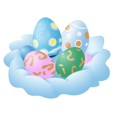 A collection of Easter eggs arranged on a soft, textured cloth. Each egg is painted with intricate designs that replicate famous works of art, showcasing vibrant colors and detailed patterns. One egg is inspired by "Starry Night," featuring swirling blue and yellow hues. Another egg mimics "The Girl with a Pearl Earring," adorned with deep greens and gold accents. A third egg reflects "The Persistence of Memory," displaying melting clocks in warm tones. The overall scene is bright and colorful, capturing the essence of art in a playful manner.
