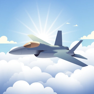 An F35 jet in a sleek gray color is flying high above a thick layer of white clouds. The sun is shining brightly, illuminating the jet and casting soft reflections off its surface. The wings are spread wide, showing the intricate details of the aircraft's design. Below, the clouds create a fluffy, textured landscape, and the blue sky above is clear with a few wispy clouds scattered throughout. Sunlight highlights the cockpit and engine areas, creating a striking contrast against the blue and white surroundings.