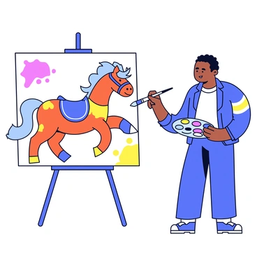 An artist is standing in front of a large canvas, actively painting a mustang. The mustang is depicted in vibrant colors, showcasing a blend of blues, oranges, and yellows, highlighting its dynamic spirit. The artist is using a palette filled with various paints and has a focused expression. The brush is in motion, creating lively strokes on the canvas that mirror the energy of the horse. The background features splashes of color that reflect the artist's creative process.