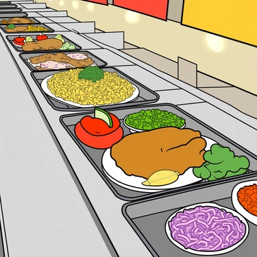 A long line of shiny metal trays is positioned at a bustling cafeteria serving station. Each tray is being filled with a variety of colorful dishes. The first tray holds a heap of bright yellow macaroni and cheese, topped with a sprinkle of green parsley. Next to it, a vibrant red tomato salad with slices of cucumber and garnished with a lemon wedge. Another tray features a golden-brown roasted chicken leg alongside a scoop of bright green peas. A small dish of purple coleslaw sits next to the chicken. The serving station has bright overhead lights illuminating the food, and cheerful cafeteria staff are busy serving the meals with smiles on their faces. Brightly colored signs above the station label each dish.