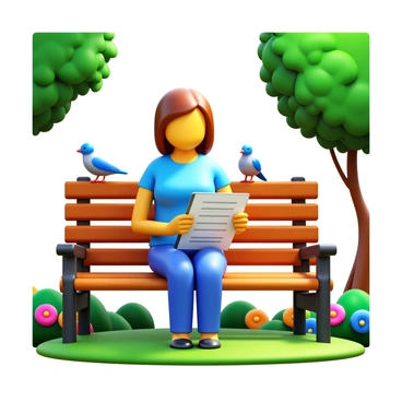 A person with medium-length brown hair wearing a casual blue shirt filling out a questionnaire on a clipboard. The person is sitting on a wooden park bench surrounded by lush green trees and colorful flowers. Sunlight filters through the leaves, casting gentle shadows on the ground. A few birds are perched nearby, and there is a soft breeze rustling the pages of the questionnaire.