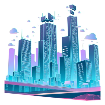 A city skyline distorted as if being viewed through a glitchy digital screen