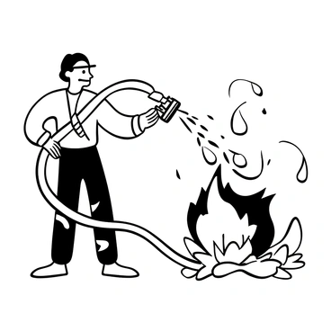 A zombie firefighter with tattered clothing is holding a large hose and spraying water on a small fire. The fire has bright, exaggerated flames and smoke rising from it. The firefighter's arm is outstretched, aiming the water at the fire, while their other arm is bent at the elbow, holding the hose tightly. There are cartoonish drops of water splashing around as the firefighter puts out the flames. The background features a simple urban setting with faint outlines of buildings.